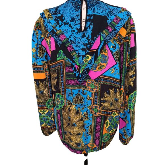 Vintage Diane Freis Large Georgette Blouse, Ruffle, Peacock Paisley Bright - Picture 2 of 6